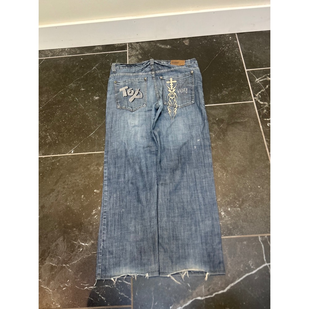 Henry Denim Industry  Mens Y2K Wide Leg Baggy Jeans Blue 33x31 Distressed